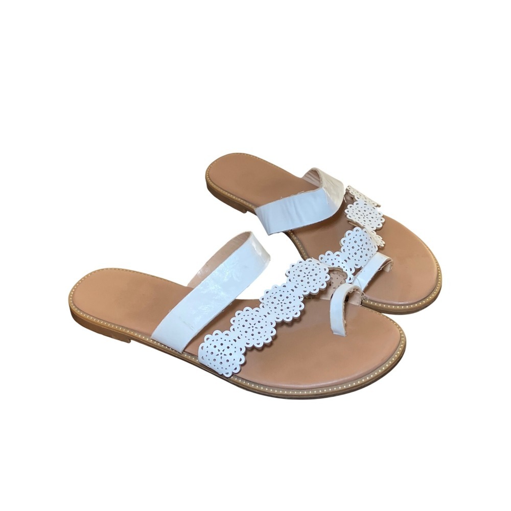White Laser Cut Eyelet Toe Ring Slide Sandals Womens Size 9.5 Flat Summer Shoes